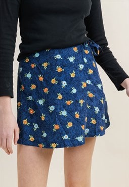 Vintage 90s Grunge Mini Ditsy Floral Blue Wrap Skirt XS/S