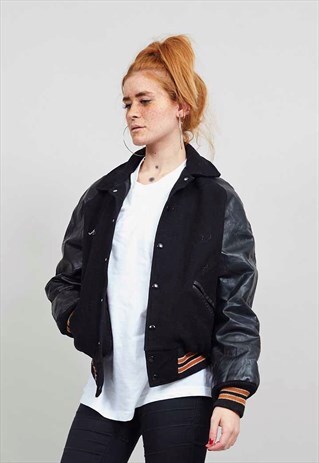 VINTAGE 80'S WOOL/LEATHER BLACK VARSITY BOMBER JACKET