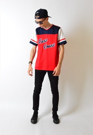 VINTAGE 90S RED COLOUR BLOCK EAST COAST SPORTS T-SHIRT