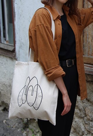 AFRICAN MASKS CANVAS TOTE BAG, HAND PAINTED COTTON TOTE BAG