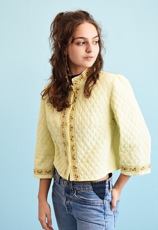 60'S RETRO FOLK TRIMMED PASTEL PADDED CROP JACKET