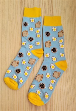 Sunshine Egg & Toast Pattern Cozy Socks in Grey