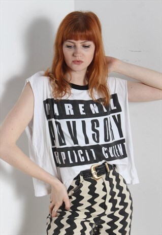 VINTAGE PARENTAL ADVISORY GRAPHIC VEST TOP WHITE