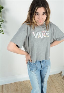 Vintage 90s Vans Cropped T-Shirt Grey Embroidered 