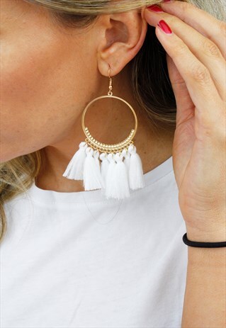 WHITE TASSEL FRINGE HOOP CHANDELIER EARRINGS