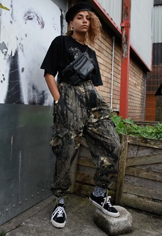 HIGH WAISTED CAMOUFLAGE LEAF PRINT CARGO UTILITY TROUSERS