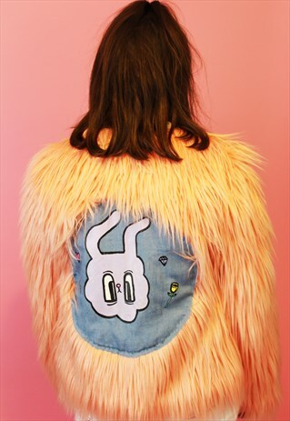 PEACH FLUFFY JACKET WITH HAND PAINTED GRAPHIC