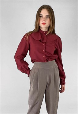70's Vintage Ladies Blouse Burgundy Ruffle Long Sleeve