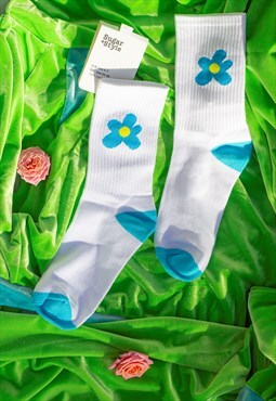Bright Blue Single Cartoon Flower Motif Socks