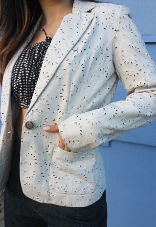 White Real Leather Lazer Cut Floral Print Blazer Jacket 