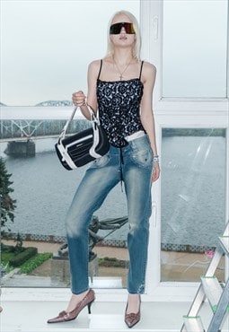 Vintage Y2K slim studded stonewashed jeans in grey blue