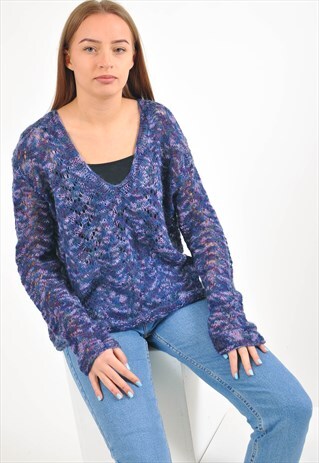 VINTAGE V NECK HAND KNITWEAR JUMPER IN PURPLE