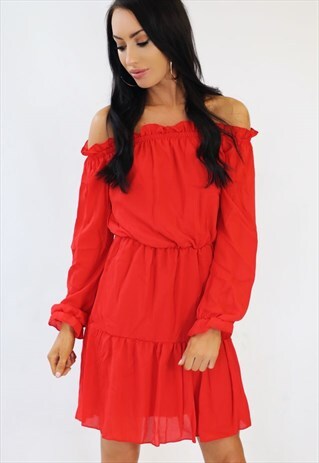 LOLA RED OFF THE SHOULDER SUMMER SWING DRESS