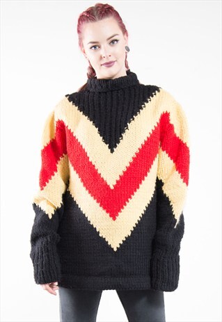 VINTAGE CHEVRON PATTERN CHUNKY KNIT ROLL NECK JUMPER