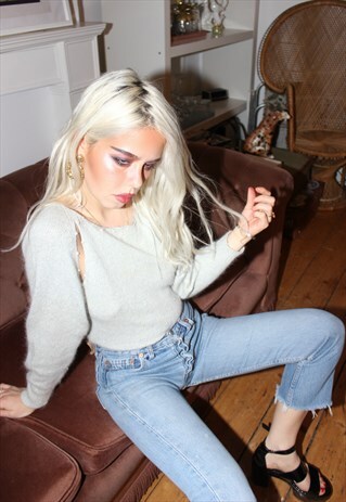 VINTAGE 70S FAUX PEARLED GREY WOOL KNITTED JUMPER