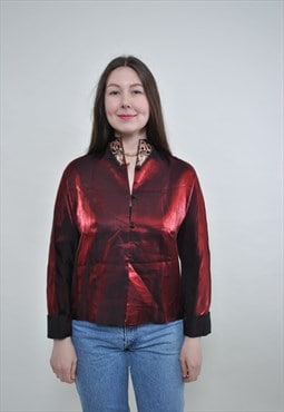 Shiny red blouse, asian evening shirt MEDIUM size vintage 