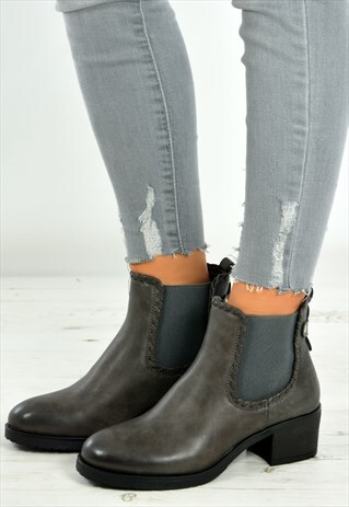 GREY CHELSEA LOW HEEL ANKLE BOOTS SHOES