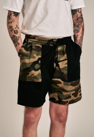 HANDMADE SHORTS IN BLACK AND CAMOUFLAGE MIX WITH DRAWSTRING