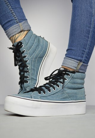 VINTAGE 90S VANS BLUE STUDDED DENIM PLATFORM HI-TOPS GRUNGE