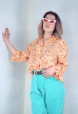 Vintage 90's baggy abstract art mesh blouse shirt in orange 