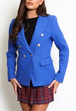 Golden Buttons Woven Double Breasted Blazer In Royal Blue 
