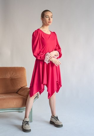 VINTAGE 80S PUFF SLEEVE ASYMMETRIC HEM MIDI DRESS IN PINK