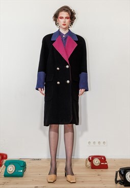 Vintage 80s black wool colorblock coat
