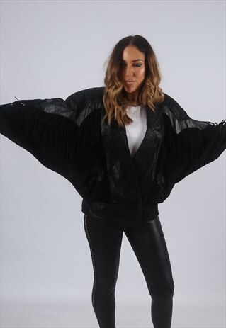 VINTAGE SUEDE LEATHER TASSEL JACKET FRINGE UK S 10 (K2T)