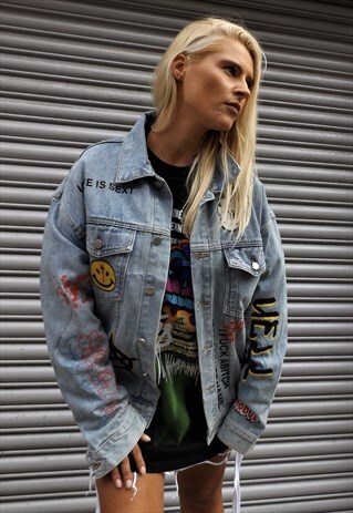LOOSE FIT OVERSIZE GRAFFITI PRINT RUDE SLOGAN DENIM JACKET