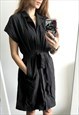 Wrap Buttoned Tie Waisted Casual Midi Black Linen Shirtdress