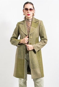 Vintage patchwork wool jacket fitted coat in green women