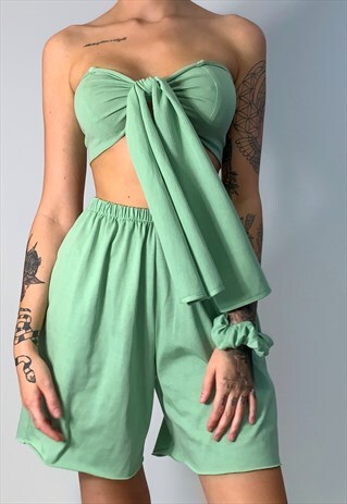 SAGE GREEN JERSEY TWO PIECE MATCHING SET TIE TOP & MOM SHORT