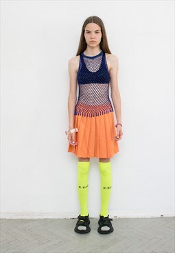 Vintage Tennis Skirt Mini Pleated Orange School Girl Y2K