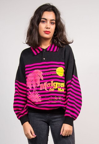 VINTAGE 80'S COLLARED PINK STRIPE VACATION SWEATSHIRT