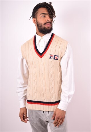 FILA MENS VINTAGE VEST TANK TOP MEDIUM BEIGE 90S