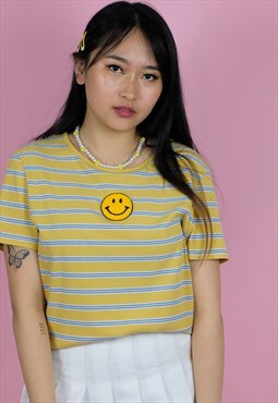Reworked smiley 90's stripe t-shirt retro y2k casual yellow