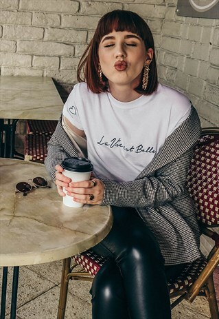 EMBROIDERED FRENCH SLOGAN LA VIE EST BELLE WHITE T-SHIRT