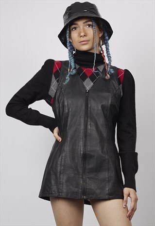 VINTAGE 80'S BLACK LEATHER MICRO-MINI ZIP DRESS