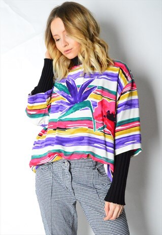 VINTAGE 80S COLOURFUL FLOWER COLLARLESS TOP