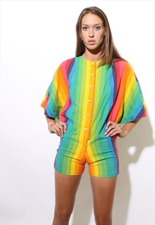 VINTAGE 1960'S 60'S RAINBOW JUMPSUIT HOT PANTS ROMPER XS-S