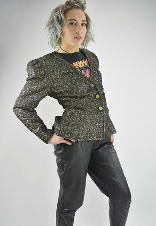 AMAZING VINTAGE 80S BLACK &GOLD TEXTURED PEPLUM JACKET