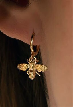 Women's Hanging Bee Pendant Insect Hoop Earring - Gold