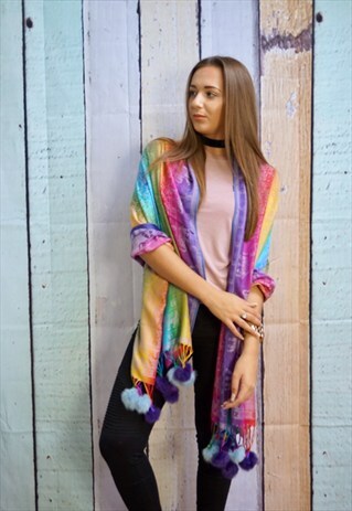 VIBRANT FLORAL PASHMINA SCARF SHAWL WITH FAUX FUR POMPOMS