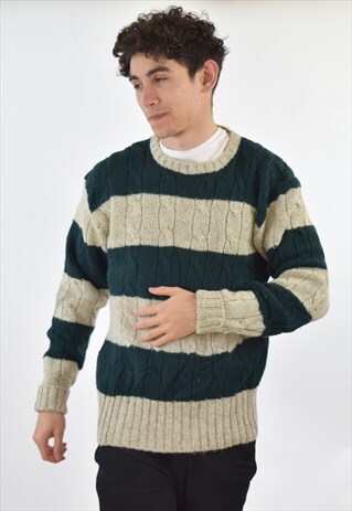 VINTAGE 90S GREEN WHITE STRIPED RALPH LAUREN WOOLLEN SWEATER