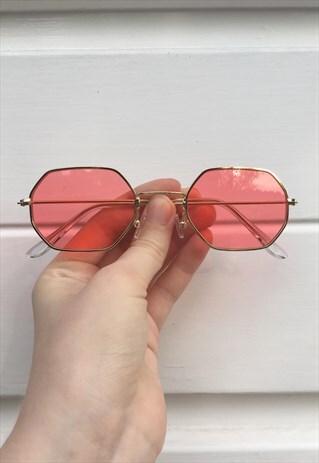 WOMENS VINTAGE JOHN LENNON STYLE RED HEXAGONAL SUNGLASSES