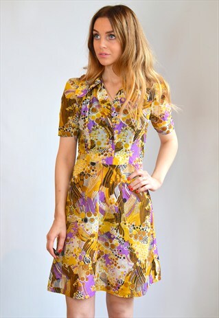 VINTAGE 70S YELLOW, PURPLE & BROWN PATTERN MINI DRESS