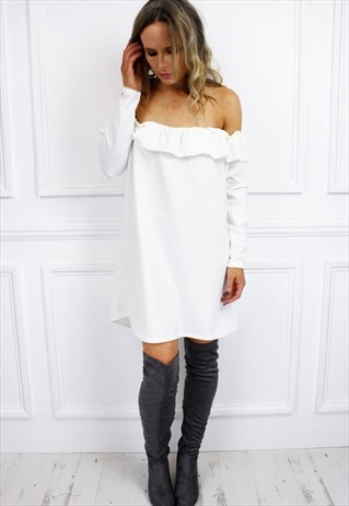 OFF WHITE BARDOT LONG SLEEVE RUFFLE BOHO MINI DRESS