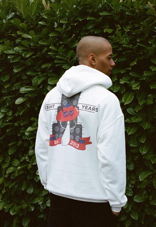 HOODIE IN WHITE WITH BRO SHROOM EST 2012 PRINT