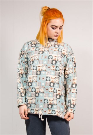 90'S RETRO ABSTRACT PATTERN ZIP NECK FLEECE JACKET