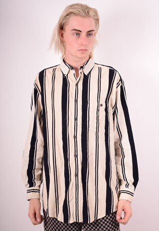 MENS VINTAGE CORDUROY SHIRT LARGE BEIGE STRIPES 90S